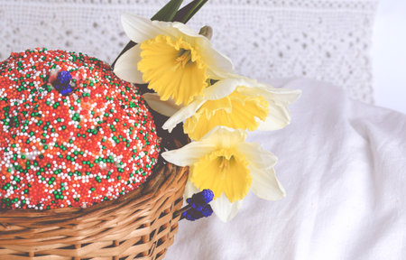 Easter cake painted eggs daffodils spring composition rustic retro style