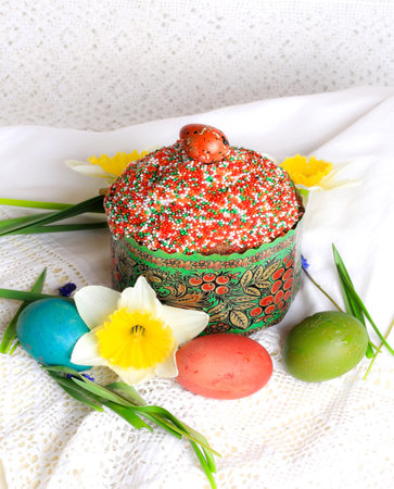 Easter cake painted quail eggs daffodils spring composition