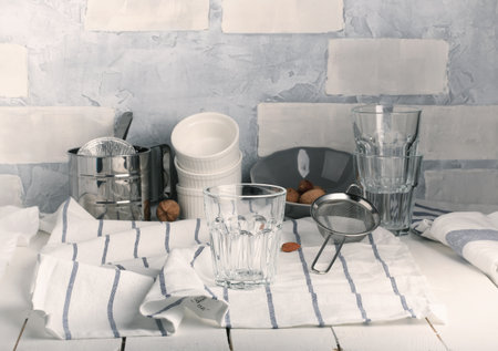 white kitchen table rustic summer background kitchenwareの写真素材