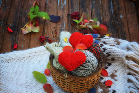 basket with balls of wool for knitting with autumn leaves rural retro style