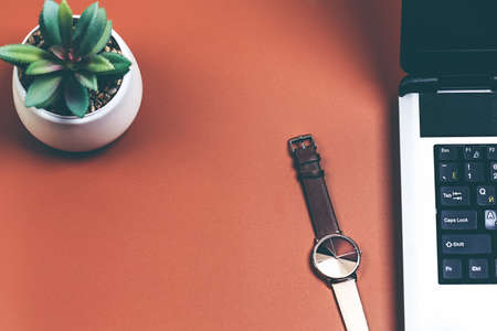working concept. Working from home remotely on a beige brown background. Laptop, clock, succulent...