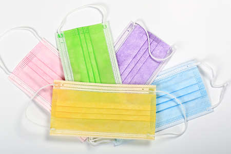 set of multi-colored medical masksの写真素材
