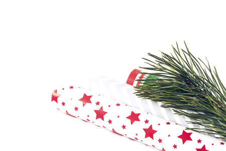 Christmas composition with fir tree and packaging. Soft selective focus. Winter festive background