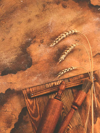 Flat style for food background. Background for baking. Ears of wheat.の写真素材