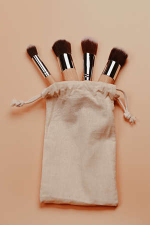 Professional makeup brush set with wooden handle. Zero waste concept, eco-friendly.の写真素材