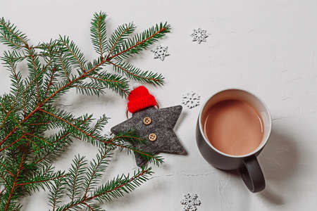 Christmas hot drinks. winter cocoa and spruce branches on a white background