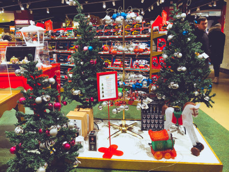 Christmas New Years toys shop. Russia Gum Moscow 05.01.2020のeditorial素材