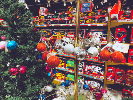 Christmas New Years toys shop. Russia Gum Moscow 05.01.2020のeditorial素材