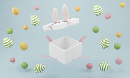 Happy Easter. cute cartoon Easter composition. empty gift open box for the product. Bunny ears and...