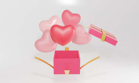 3d pink balloons in the shape of a heart flying out of an open gift box. Festive greeting concept....