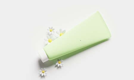3D tube of cream for cosmetics. Mockup for beauty products on a white background. a organic natural product with chamomile.3d render illustration of chamomile herbal plantsの写真素材