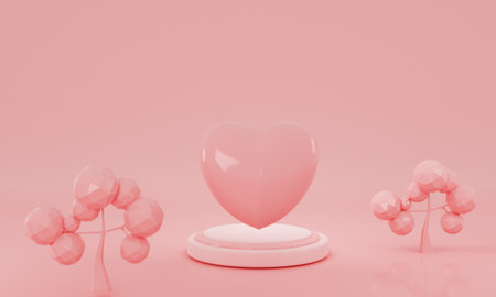 3D cartoon fantasy pink landscape. abstract background with trees and an empty podium. 3d render...