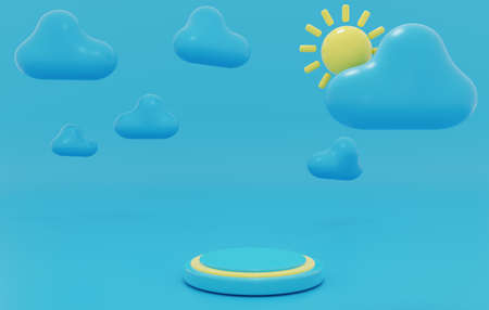 3D cartoon fantasy summer landscape. abstract background with sun clouds and an empty podium. 3d render illustrationの写真素材