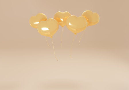 3d golden balloons in the shape of a heart on a cream background. Festive congratulatory concert. 3d realistic illustrationの写真素材