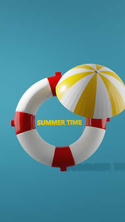 3d render. a lifebuoy and a beach umbrella in the water . 3d illustrationの写真素材