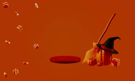 3d render. Autumn composition mocap. Pumpkin witch hat and broom. Autumn halloween concept. 3d illustrationの写真素材