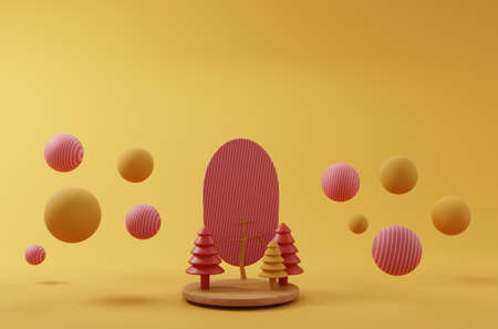 3D render. Autumn composition. Autumn cartoon trees on the podium. 3d illustration