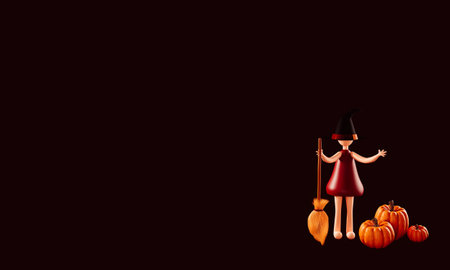 3d render. Halloween background. Cartoon witch holding a broom and pumpkins nearby. 3d illustrationの写真素材