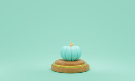 3d render. Turquoise pumpkin on a podium on a turquoise background. Autumn composition. 3d illustrationの写真素材