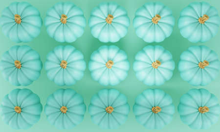3d render. Pattern of pumpkins on a turquoise background. Creative autumn composition. 3d illustrationの写真素材