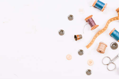 Sewing supplies and accessories for needlework. Craft hobby background.