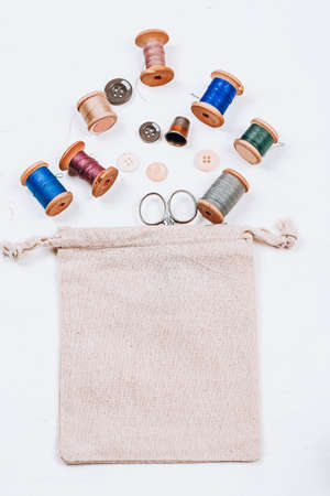 Sewing supplies and accessories for needlework. Craft hobby background.