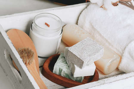 Spa Kit. Shampoo Soap Bar . Shower Gel. Top Viewの写真素材