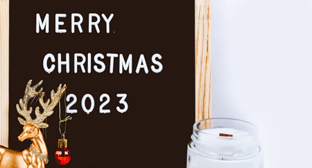 Merry Christmas lettering on letter board. Eco tree and golden deer. minimalistic new year...