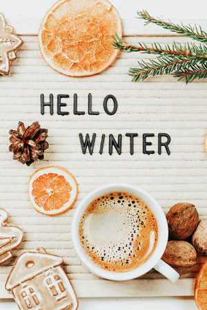 Lettering hello winter on letter board. Fir branches, dried oranges, nuts and a cup of coffee. minimalistic new year background 2023の写真素材