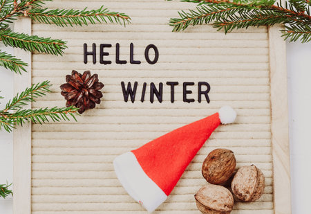 Lettering hello winter on letter board. Fir branches, dried oranges, nuts and a cup of coffee. minimalistic new year background 2023の写真素材