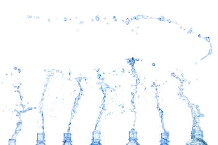 blue water splash from bottle isolated on white background.