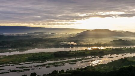 mountain with fog landscape on morning at phu pha duk, Nong Khai, Thailand.の写真素材