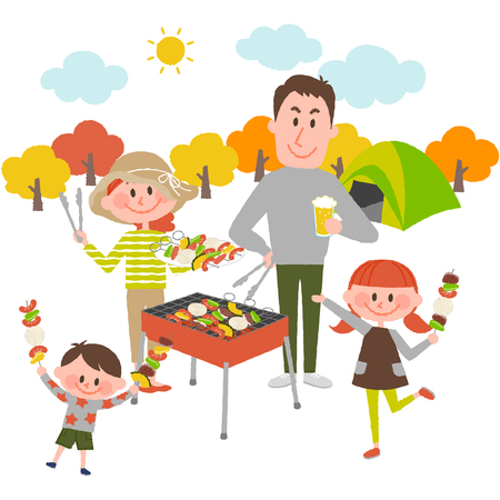 Illustration of family enjoying barbecue outdoorsのイラスト素材