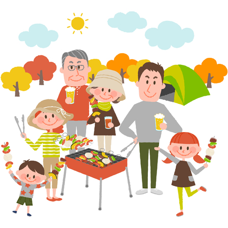 Illustration of family enjoying barbecue outdoorsのイラスト素材