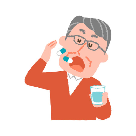 A vector illustration of an elder man taking medicines.のイラスト素材