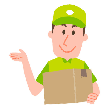 A vector cartoon illustration of a delivery man carrying a cardboard box, isolated on white.のイラスト素材