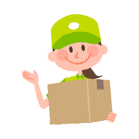 A vector cartoon illustration of a delivery woman with a cap carrying a cardboard boxのイラスト素材