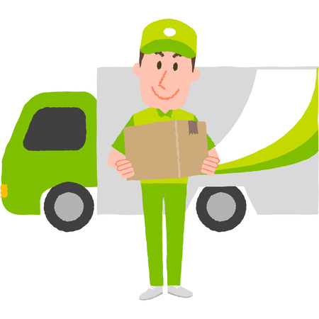 A vector illustration of a delivery man carrying a 
cardboard box behind a cargo van.のイラスト素材