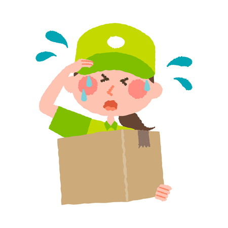 A vector illustration of a delivery woman with cap carrying a cardboard box on a sweating facial expression.のイラスト素材