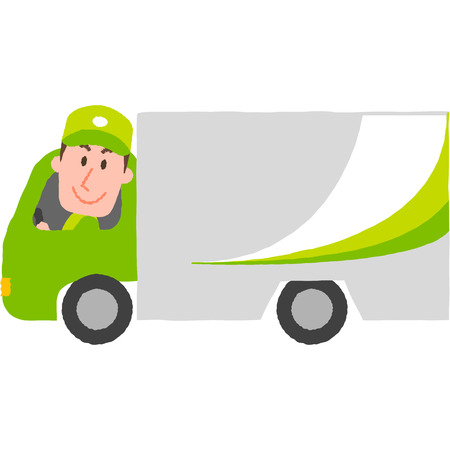 A vector illustration of a delivery cargo truck with a man in uniform and cap in a driver set.のイラスト素材