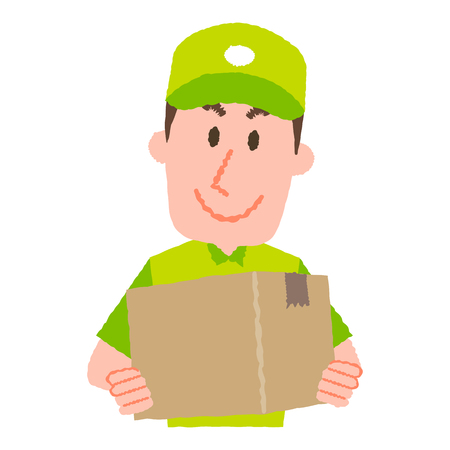 A vector illustration of a delivery man carrying a cardboard box with a happy facial expression.のイラスト素材