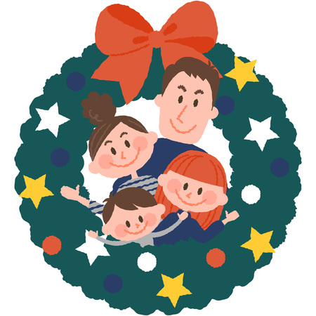 vector illustration of a family with christmas wreathのイラスト素材