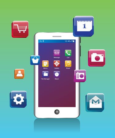 Smartphone with floating icons around screen on green background illustrationのイラスト素材