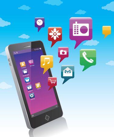 Smartphone mobile of purple colored screen and rectangular speech bubble floating around mobile in skyのイラスト素材