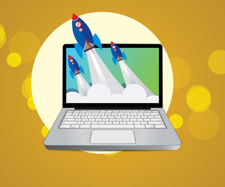 Rocket launch from laptop concept. Start up. Start a business. Laptop and missileのイラスト素材
