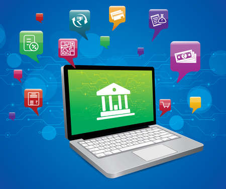 Digital payments icons floating around the laptopのイラスト素材