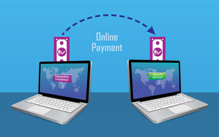 Online payment transfer concept with back to back laptopのイラスト素材