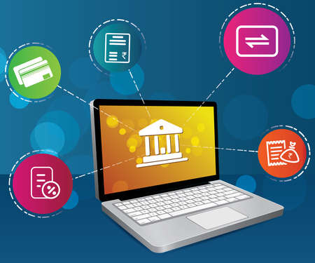 Laptop with digital banking icons conceptのイラスト素材