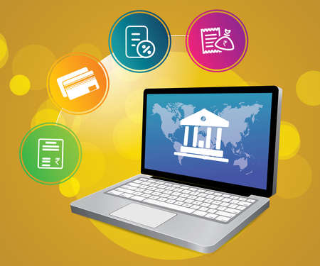 Laptop with digital banking icons floating conceptのイラスト素材