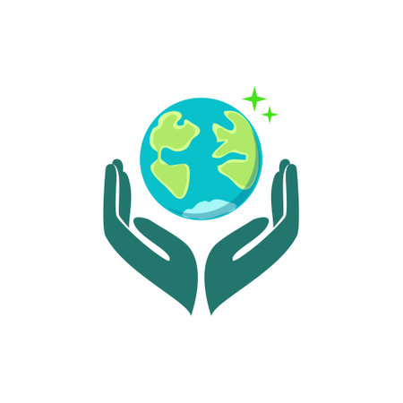 Earth care vector logo design template. Save the planet concept. Hand holding Earth icon.のイラスト素材